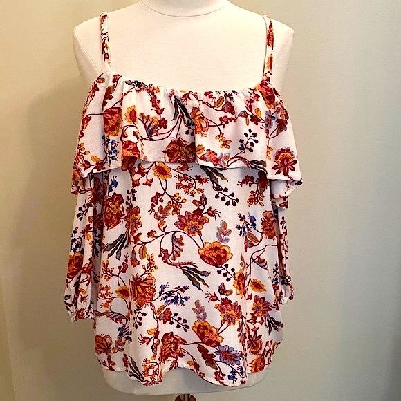 Cupio Floral Printed Cold Shoulder Ruffle Spaghetti Strap Top Size Large - Picture 1 of 12